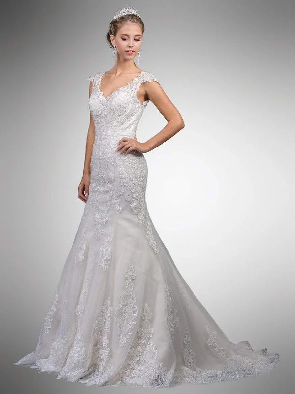 Empire - line wedding dresses with a ruffled skirt​Dancing Queen Bridal - 10 V Neck Sheer Lace Back Wedding Dress