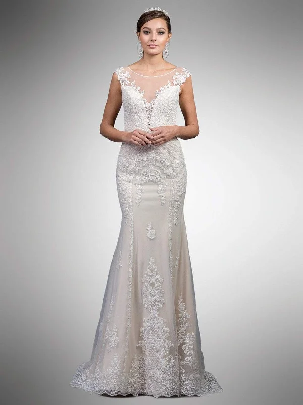 Lace - covered wedding dresses with a scalloped hem​Dancing Queen Bridal - 18 Floral Lace Illusion Bateau Trumpet Gown