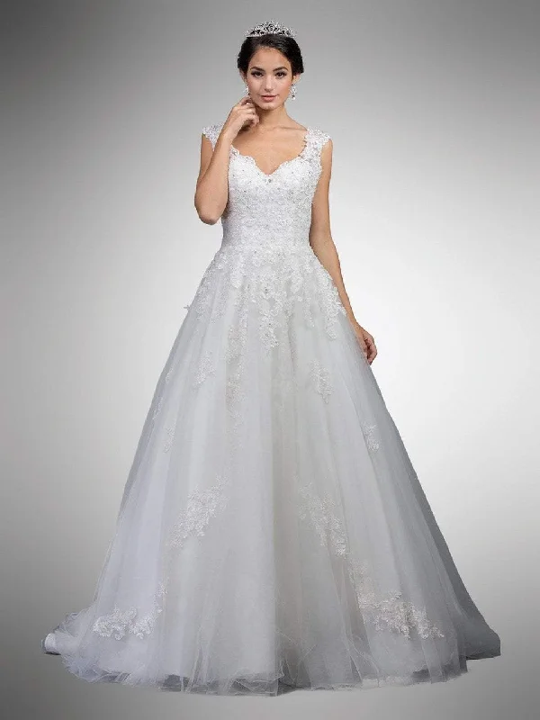 Wedding dresses with a dropped waist for a retro style​Dancing Queen Bridal - 19 Lace Embroidered V-neck Ballgown