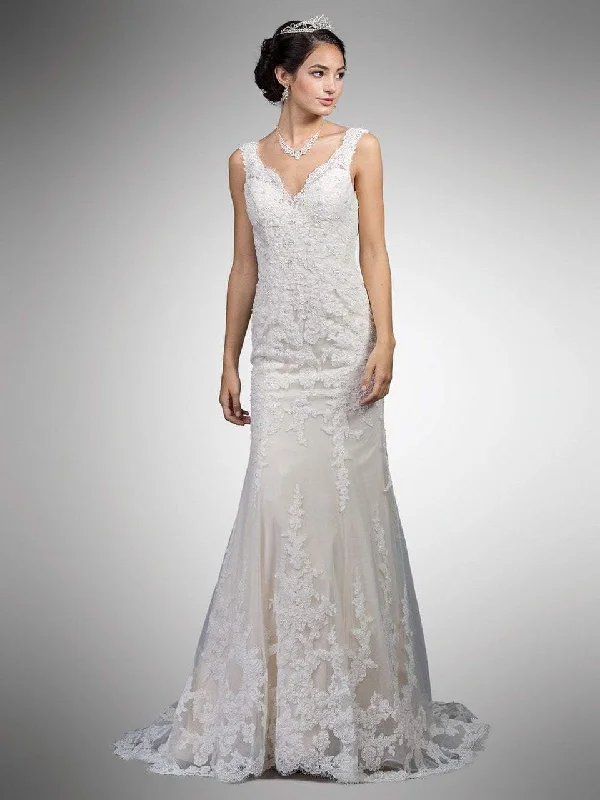 One - shoulder wedding dresses with a flowing sleeve​Dancing Queen Bridal - 20 Deep V Back Lace Wedding Dress