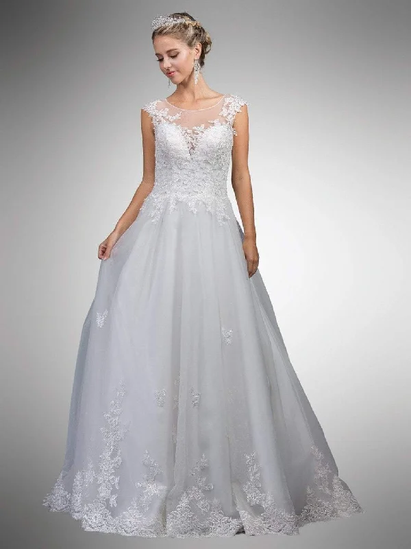 Wedding dresses with a detachable skirt for versatility​Dancing Queen Bridal - 23 Cap Sleeve Illusion Floral Appliqued Ballgown