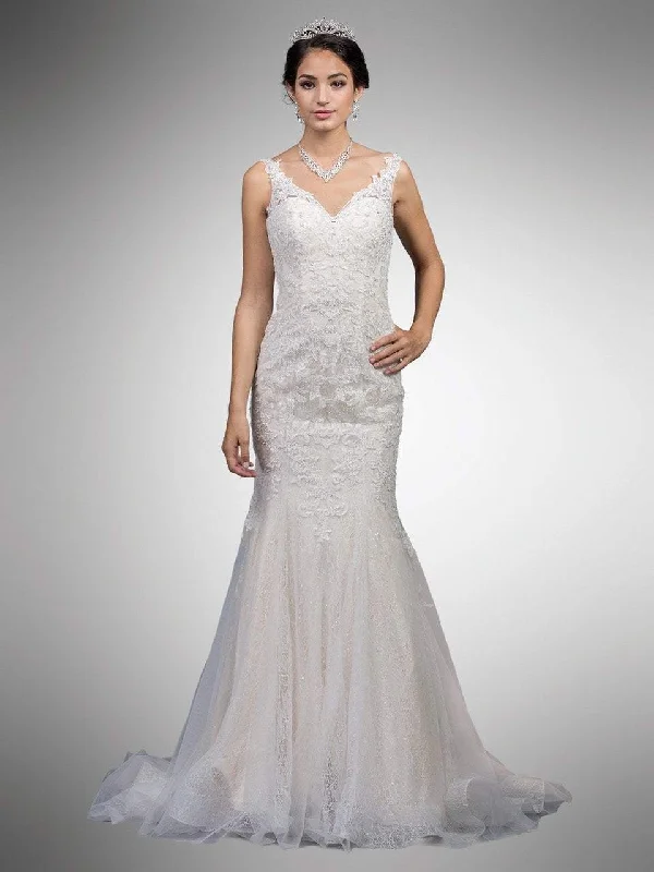 Long - train wedding dresses with a sweep train option​Dancing Queen Bridal - 35 Lace Appliqued Trumpet Bridal Dress