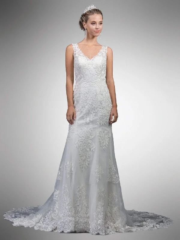 Wedding dresses with a mermaid - style skirt and a ball gown overlay​Dancing Queen Bridal - 45 Lace Embroidered V-neck Gown With Train