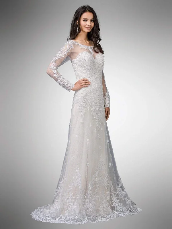 Boho - inspired wedding dresses with floral embroidery​Dancing Queen Bridal - 9 Two Tone Beaded Lace Illusion Bateau A-line Gown