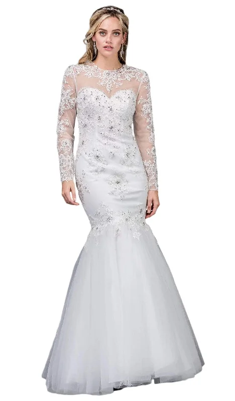 Ballroom - ready wedding dresses with a large skirt​Dancing Queen Bridal - 75 Lace Applique Long Sleeve Trumpet Dress