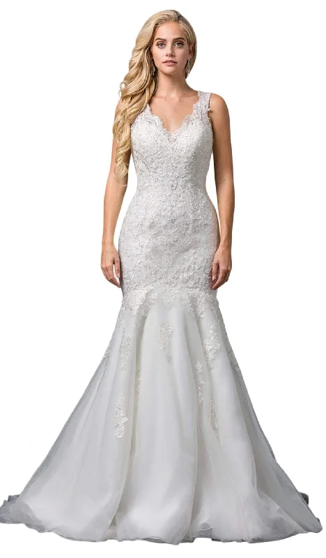 Tulle - over - satin wedding dresses for a soft look​Dancing Queen Bridal - 86 Embroidered Plunging V-neck Trumpet Gown