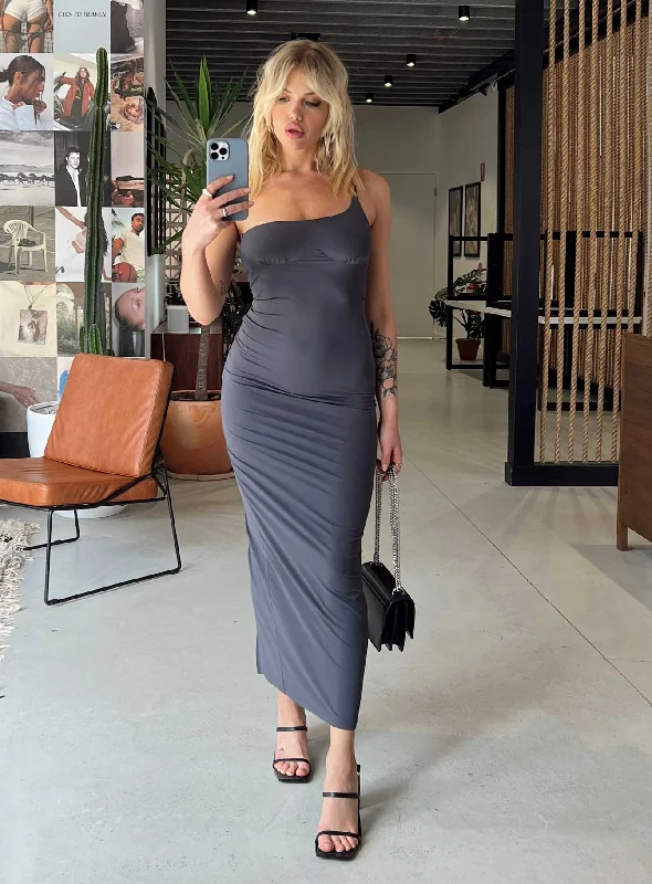 Bodycon dress with a pleated bodice​Deliza One Shoulder Maxi Dress Grey