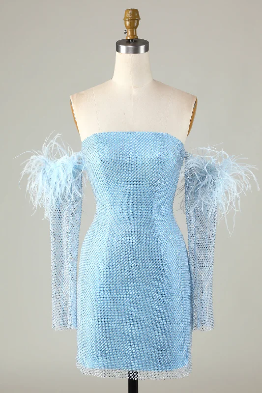 Little Black Women Dress with Sequins for a Glamorous Night OutDetachable Sleeves Blue Tight Homecoming Dress with Feathers