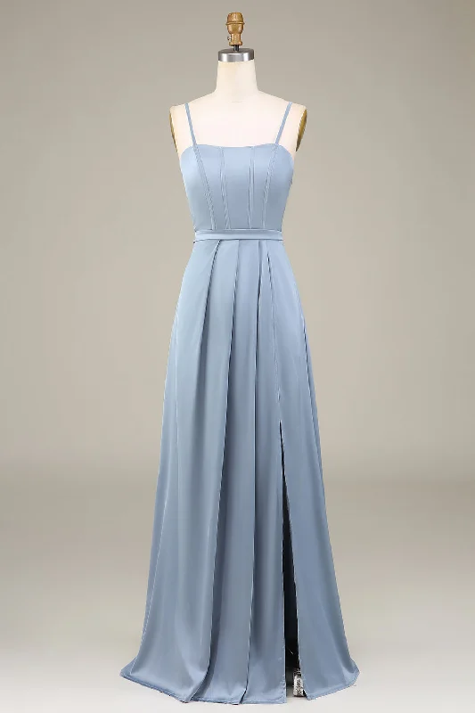 Dusty Blue A-Line Spaghetti Straps Satin Long Bridesmaid Dress