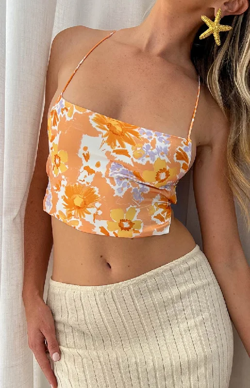 Printed wedding guest dresses with tropical motifs for beach weddingsEbony Orange Floral Crop Top