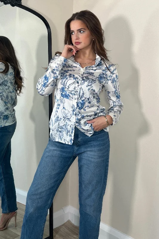Sheer wedding guest dresses with lace inserts and long sleevesCarlie Blue Print Shirt