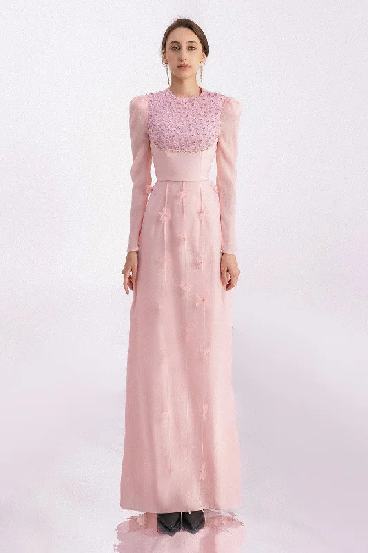 Party dresses with a criss - cross back design for a stylish detail​Enriquez Sheath Round Neck Mesh Silk Floor Length Dress