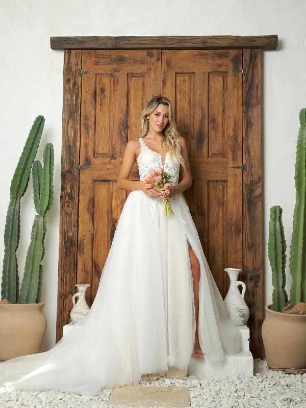 Embroidered wedding dresses with metallic threads​Eva Fashion 5262 Simple Long A Line Glitter Wedding Dress