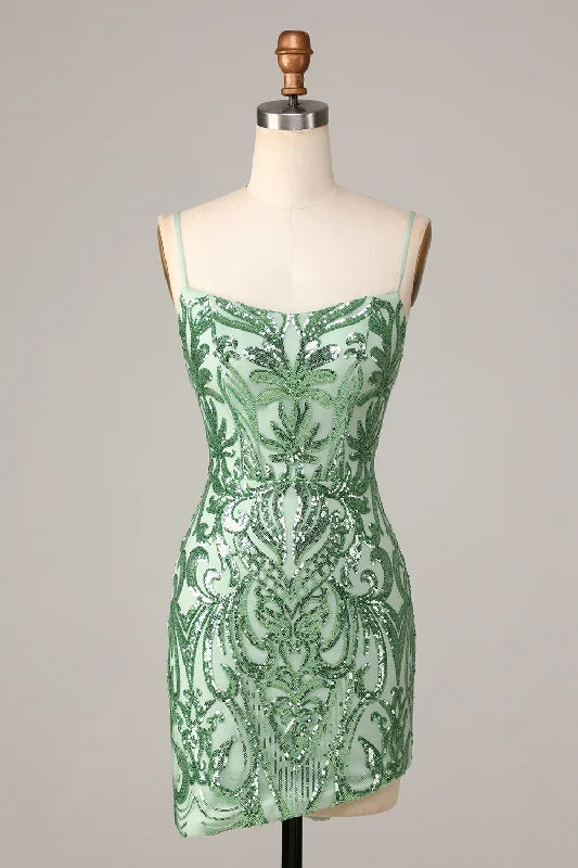 Pleated Women Dress with a Timeless and Elegant TextureSparkly Green Bodycon Spaghetti Straps Short Homecoming Dress with Sequins