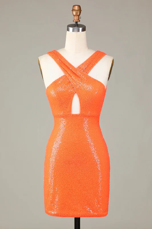 Ball Gown Women Dress with a Full Skirt for a Princess - like LookGlitter Orange Halter Backless Sequins Tight Homecoming Dress