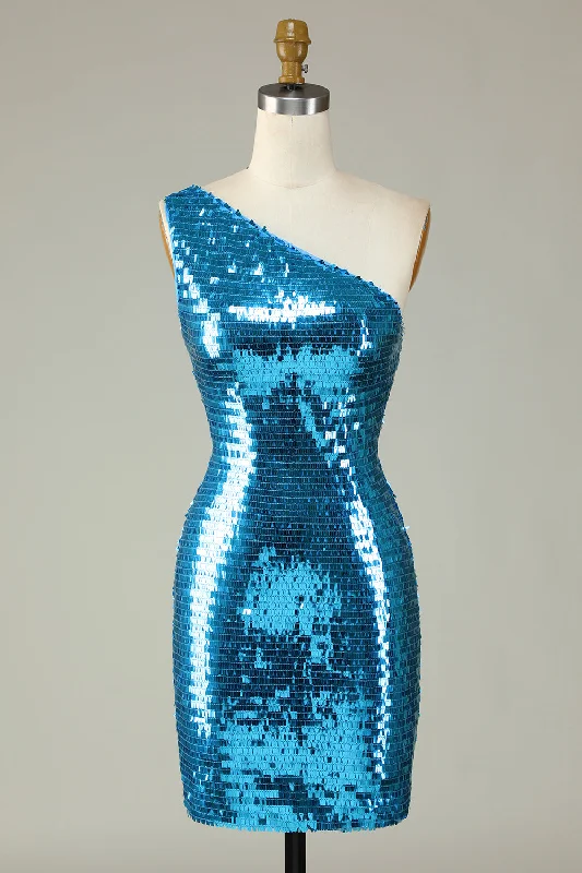 Mini Women Dress with a Short Hem for a Young and Trendy StyleGlitter Royal Blue One Shoulder Sequins Tight Hoco Dress