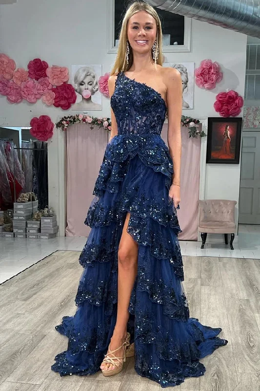 Party dresses with a V - neck design to enhance the neckline​Navy Blue Tulle Sequin One-Shoulder Long Prom Dress with Slit PSK489