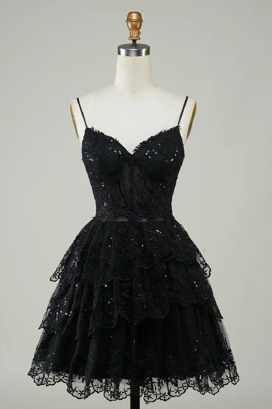 Wrap - Style Women Dress with Adjustable Fit for All Body TypesGorgeous A Line Spaghetti Straps Black Sparkly Corset Homecoming Dress