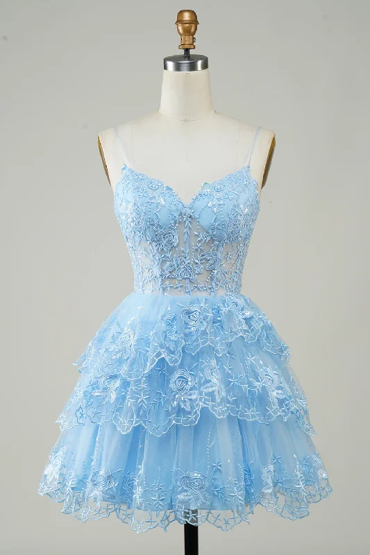 Lace - Embellished Women Dress for an Elegant and Sophisticated AppearanceGorgeous A Line Spaghetti Straps Blue Sparkly Corset Homecoming Dress