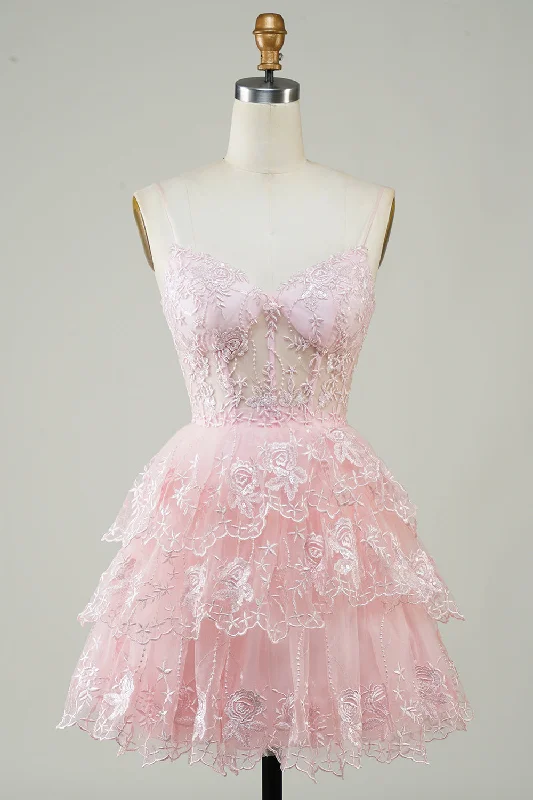 Wrap - Style Women Dress with Adjustable Fit for All Body TypesGorgeous A Line Spaghetti Straps Pink Sparkly Corset Homecoming Dress