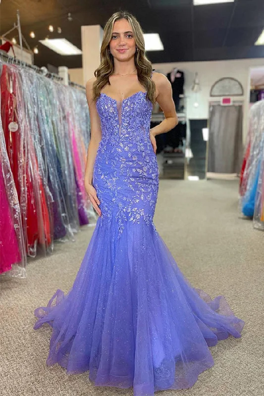 Sparkly sequined party dresses for a glamorous look​Gorgeous Mermaid Straps Lilac Long Prom Dress with Appliques PSK501