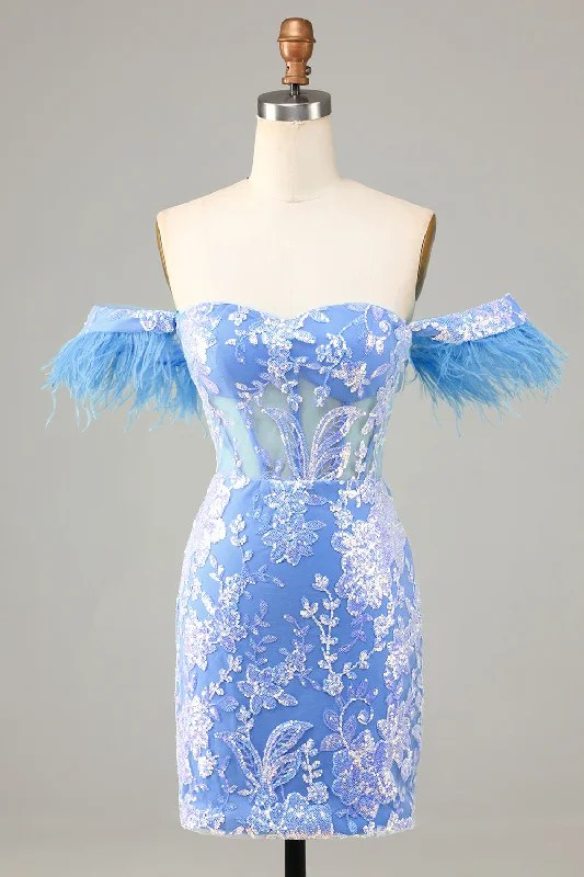 Sheath Women Dress with a Tailored Fit for a Professional LookGorgeous Sheath Off the Shoulder Blue Short Homecoming Dress with Feather