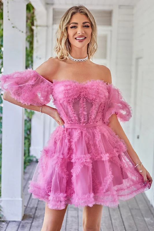 Hot Pink Off the Shoulder Tulle Homecoming Dress