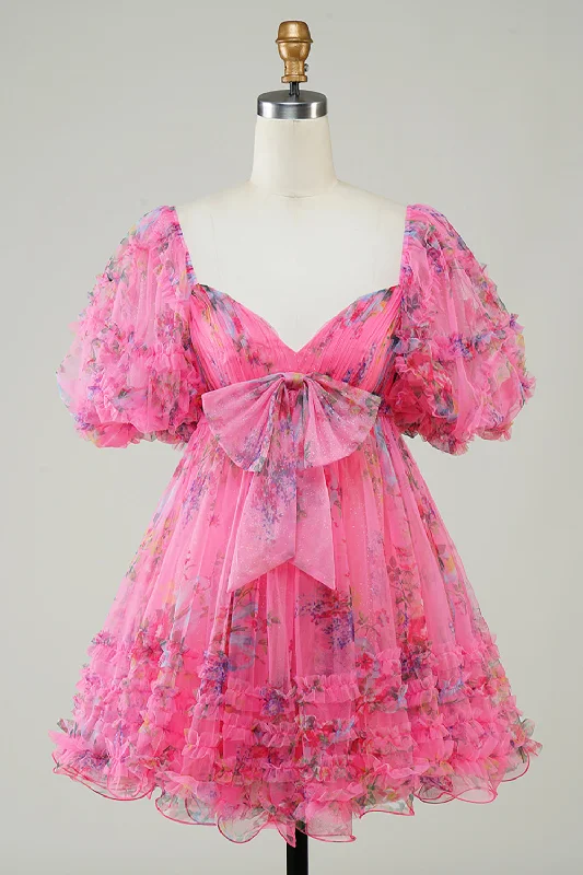 Empire Waist Women Dress to Accentuate the Bust and Conceal the WaistHot Pink Off The shoulder Printed Cute Floral Homecoming Dress with Bow