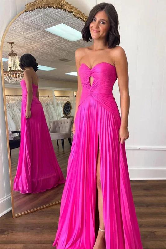 Midi - length party dresses for a modest and fashionable choice​Hot Pink Strapless Keyhole Pleated A-Line Prom Formal Dress PSK481