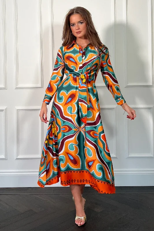 Polka - dot - printed wedding guest dresses with short sleevesIsabella Orange Boarder Print Tie Front Shirt Dress
