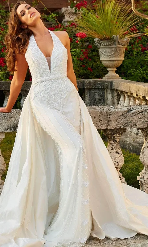Sheath satin wedding dresses for a sleek appearance​Jovani Bridal JB07451 - Halter Bridal Gown with Overskirt