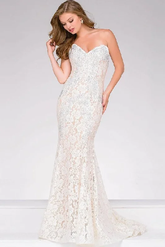 Cathedral train wedding dresses for a grand entrance​Jovani - Crystal Embellished Strapless Lace Prom Dress 37334