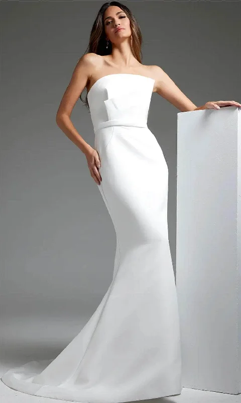 Wedding dresses with a ruched bodice for a textured lookJovani JB40597 - Straight-Across Simple Bridal Dress