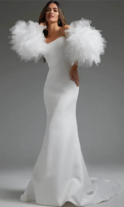 Wedding dresses with a bateau neckline for a classic shape​Jovani JB40601 - Detachable Ruffled Sleeve Bridal Gown
