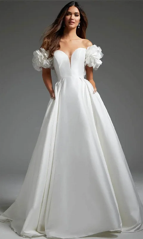 Wedding dresses with a sweetheart - neck and a corseted back​Jovani JB40795 - Off Shoulder Pleated A-Line Bridal Gown