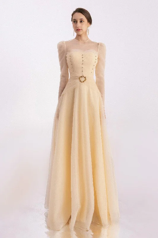 Party dresses with a sheer panel for a hint of allure​Judith A-line Draped Mesh Silk Floor Length Dress
