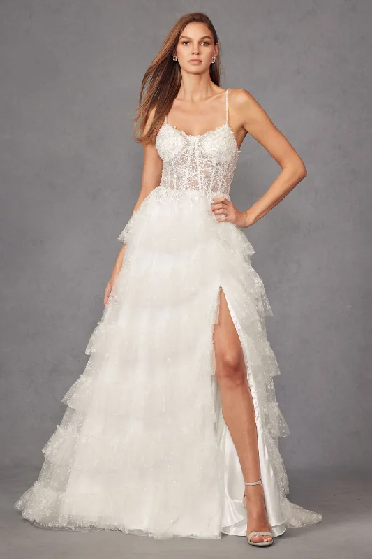 Juliet JT2464AW Glitter Ruffle Skirt Long Wedding Dress