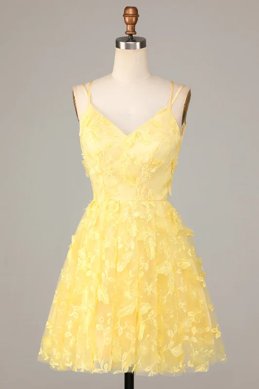 Printed Abstract Women Dress for a Modern and Artistic AppealKeep Glowing A Line Spaghetti Straps Yellow Short Homecoming Dress with Appliques