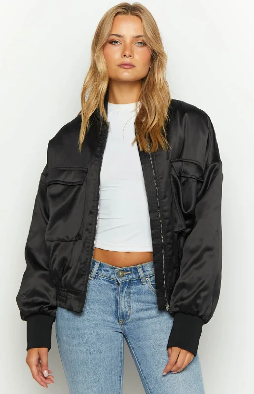 Wedding guest dresses with tassel - adorned belts and A - line skirtsKeziah Black Satin Bomber Jacket