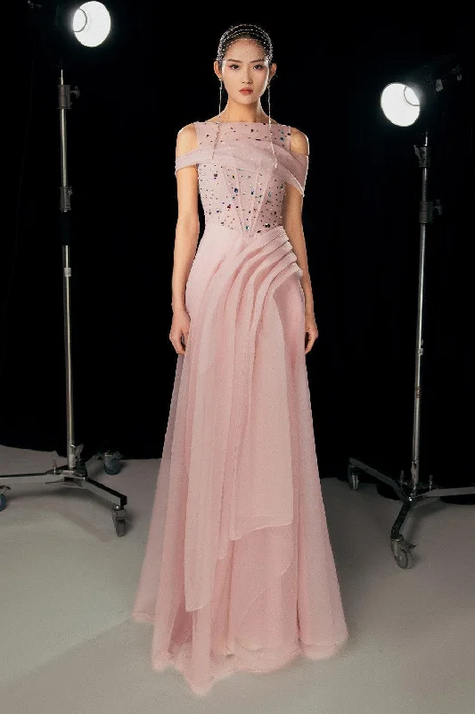 Party dresses with a fringed detail for a fun and dynamic style​Kyleigh Layered Side Slit Mesh Silk Floor Length Dress