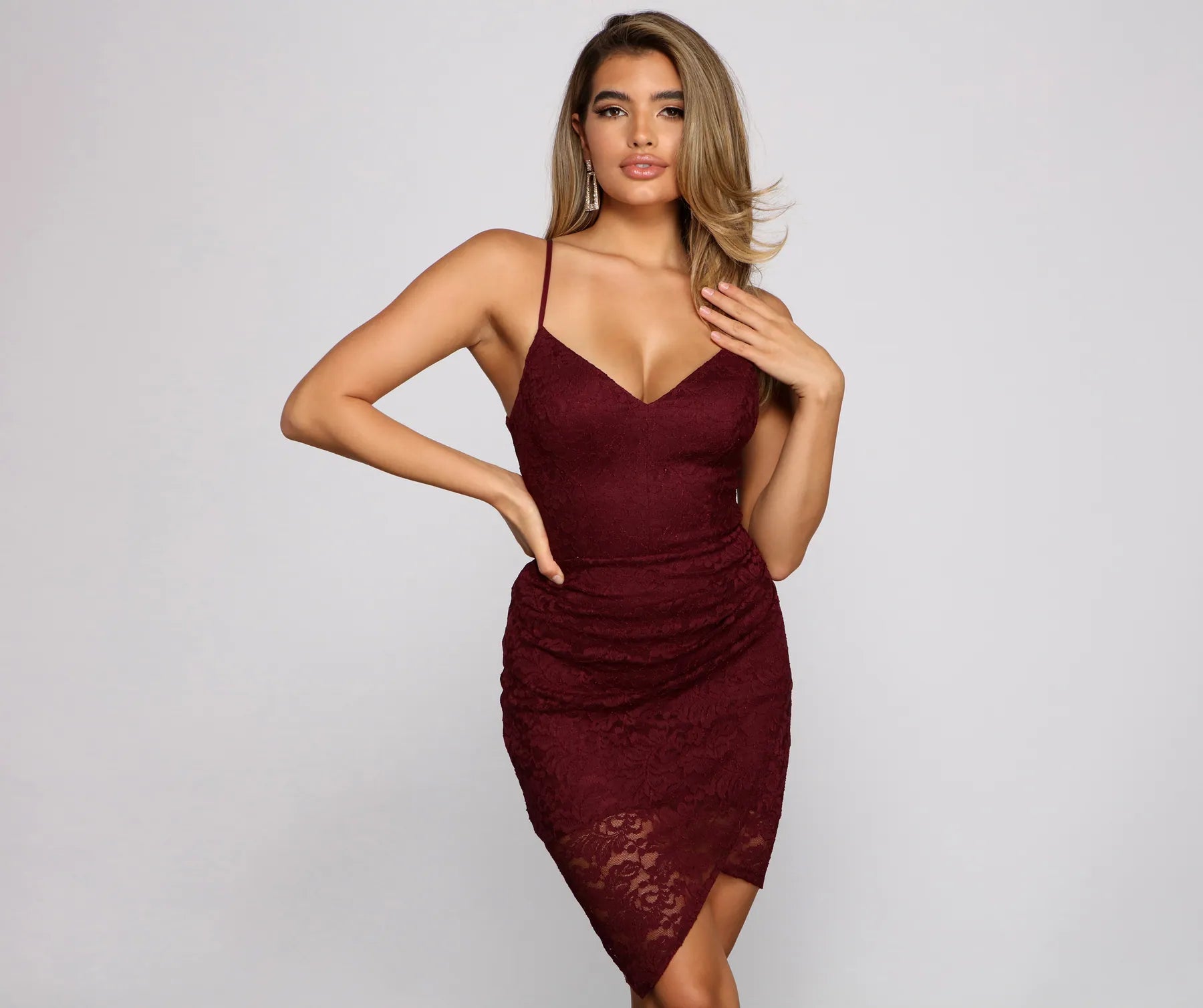Wedding guest dresses with belted waists and knee - length skirtsLace Beauty Asymmetrical Mini Dress