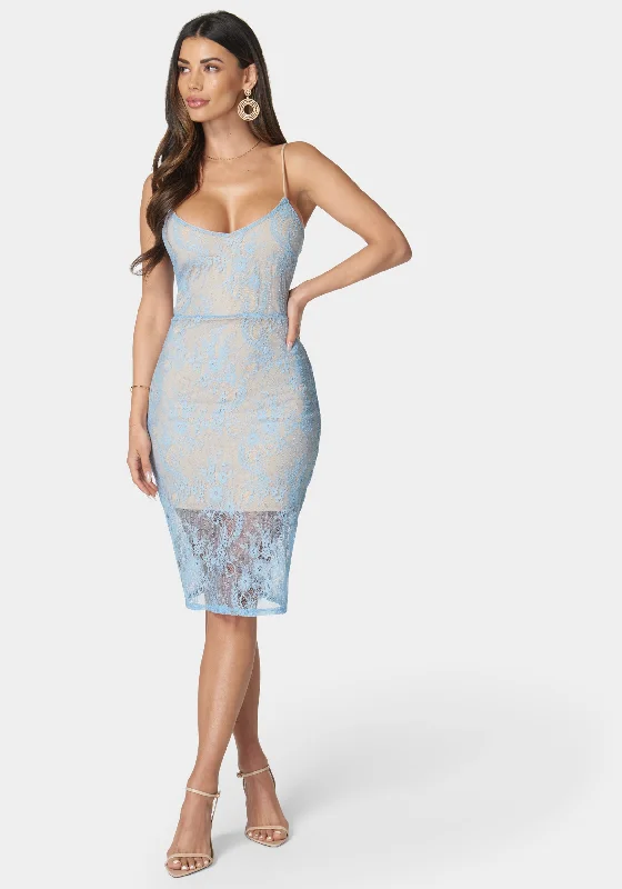 Bodycon dress with a ruched design for added texture​Lace Overlay Midi Dress