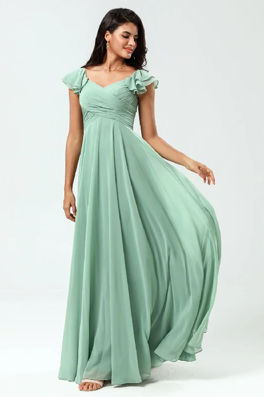 Ruffled - sleeve wedding guest dresses in light blue for a spring weddingLace-Up Back A Line Chiffon Green Bridesmaid Dress with Ruffles