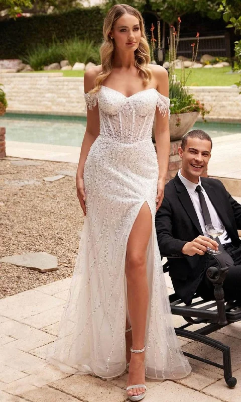 Backless wedding dresses with lace - up details​Ladivine CD0203W - Sequin Off-Shoulder Bridal Gown