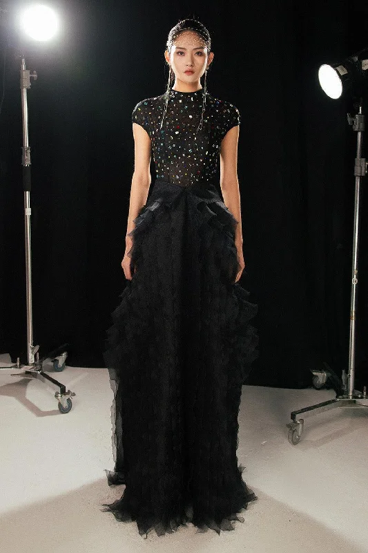 A - line party dresses with a floral print for spring events​Lowery Layered Stone Organza Floor Length Dress