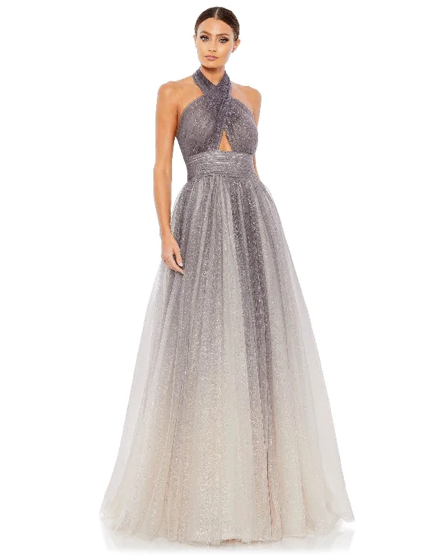 Bodycon dress with a peplum hem​Mac Duggal 20376 Long Halter Glitter Prom Ball Gown