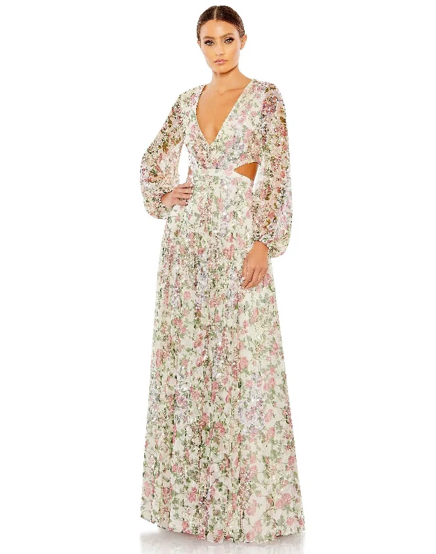 Bodycon dress with a bow accent​Mac Duggal 93746 Long Sleeve Floral Formal Dress