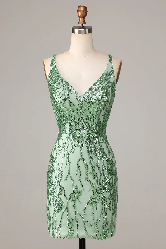 Empire Waist Women Dress to Accentuate the Bust and Conceal the WaistMaking Magic Sheath V-Neck Green Sequins Short Homecoming Dress with Backless