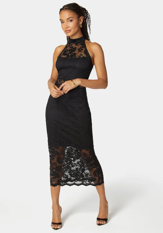 Bodycon dress with a floral print for a feminine touch​Marseille Lace Mock Neck Illusion Midi Dress