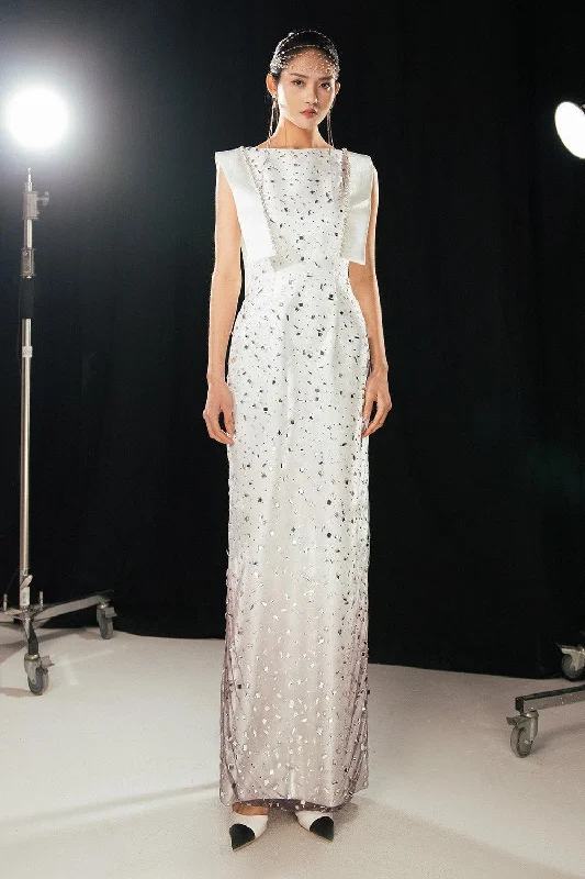 Party dresses with a fringed detail for a fun and dynamic style​Meyers Sheath Extended Flap Twill Floor Length Dress
